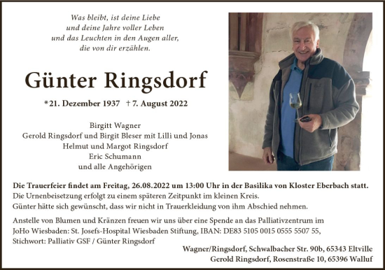 Traueranzeige von Günter Ringsdorf von vrm-trauer Wiesbadener Kurier