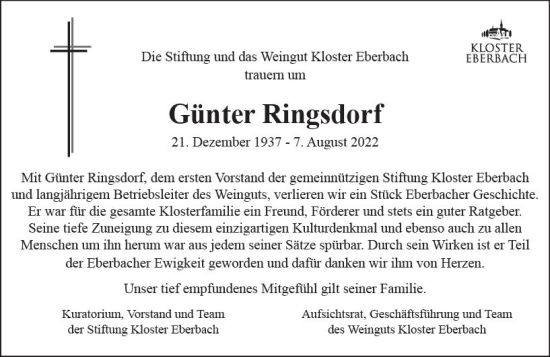 Traueranzeige von Günter Ringsdorf von vrm-trauer Wiesbadener Kurier