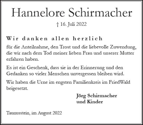 Traueranzeige von Hannelore Schürmacher von vrm-trauer WK-UTA