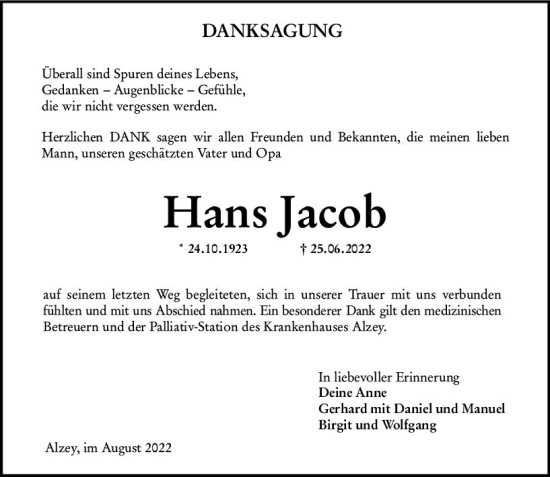 Traueranzeige von Hans Jacob von vrm-trauer Allgemeine Zeitung Alzey