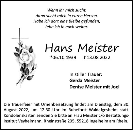 Traueranzeige von Hans Meister von vrm-trauer Allgemeine  Zeitung Ingelheim-Bingen