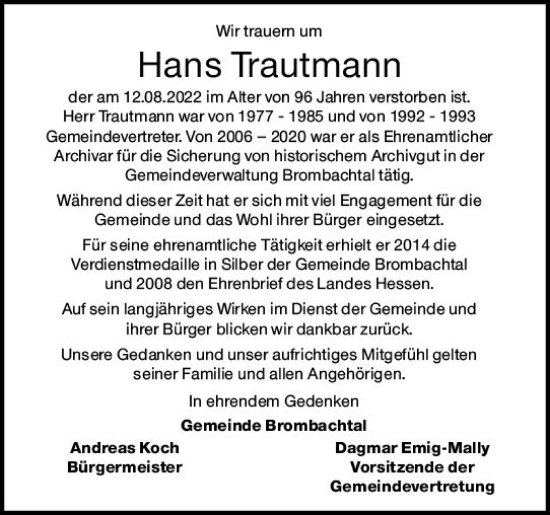 Traueranzeige von Hans Trautmann von vrm-trauer Odenwälder Echo