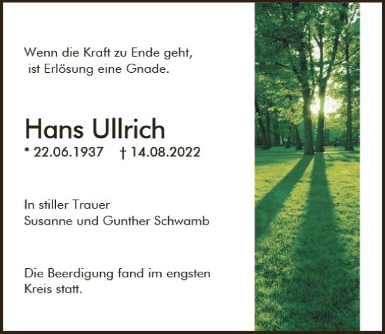 Traueranzeige von Hans Ullrich von vrm-trauer AZ Mainz