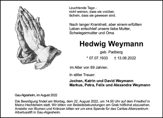 Traueranzeige von Hedwig Weymann von vrm-trauer Allgemeine  Zeitung Ingelheim-Bingen