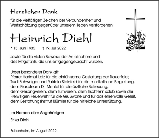 Traueranzeige von Heinrich Diehl von vrm-trauer Allgemeine  Zeitung Ingelheim-Bingen