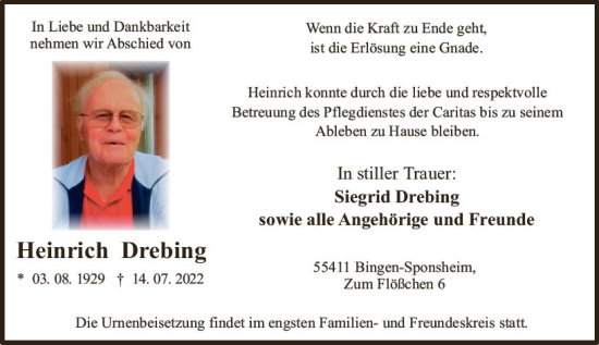 Traueranzeige von Heinrich Drebing von vrm-trauer Allgemeine  Zeitung Ingelheim-Bingen