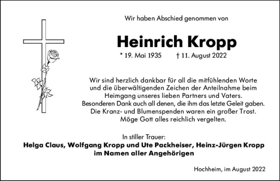 Traueranzeige von Heinrich Kropp von vrm-trauer Hochheimer Zeitung