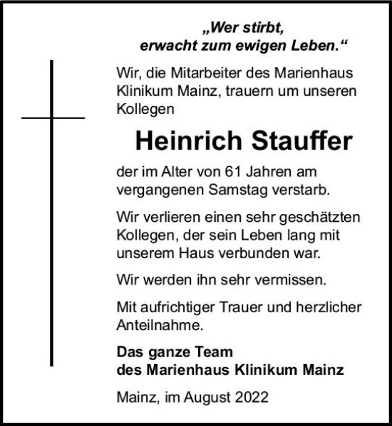 Traueranzeige von Heinrich Stauffer von vrm-trauer AZ Mainz