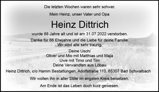 Traueranzeige von Heinz Dittrich von vrm-trauer WK-UTA