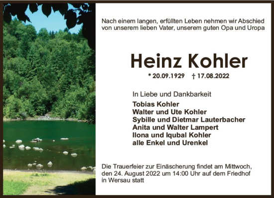 Traueranzeige von Heinz Kohler von vrm-trauer Odenwälder Echo