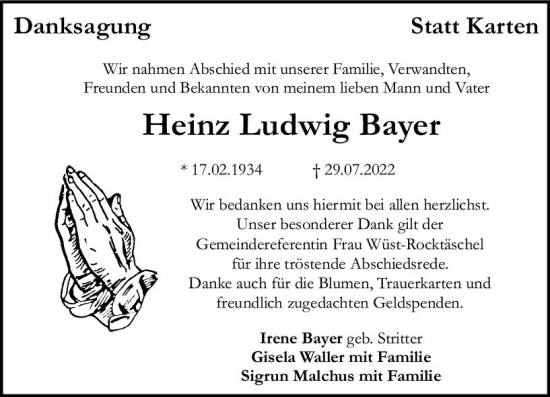 Traueranzeige von Heinz Ludwig Bayer von vrm-trauer Allgemeine  Zeitung Ingelheim-Bingen