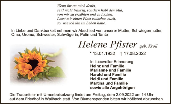 Traueranzeige von Helene Pfister von vrm-trauer Odenwälder Echo