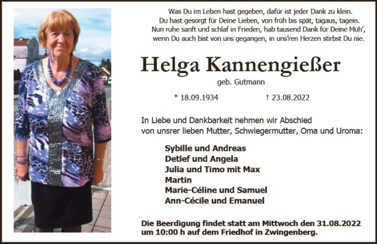 Traueranzeige von Helga Kannengießer von vrm-trauer Darmstädter Echo
