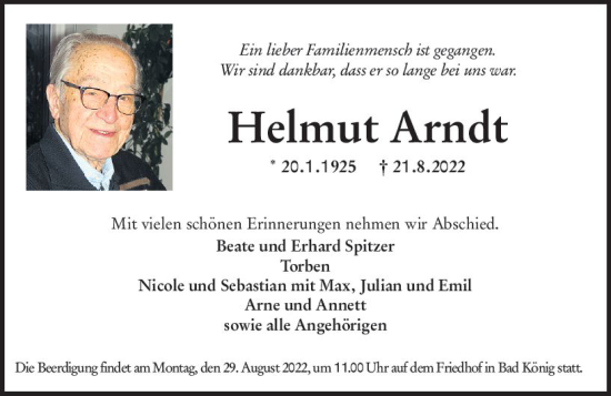 Traueranzeige von Helmut Arndt von vrm-trauer Odenwälder Echo
