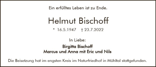 Traueranzeige von Helmut Bischoff von vrm-trauer Darmstädter Echo