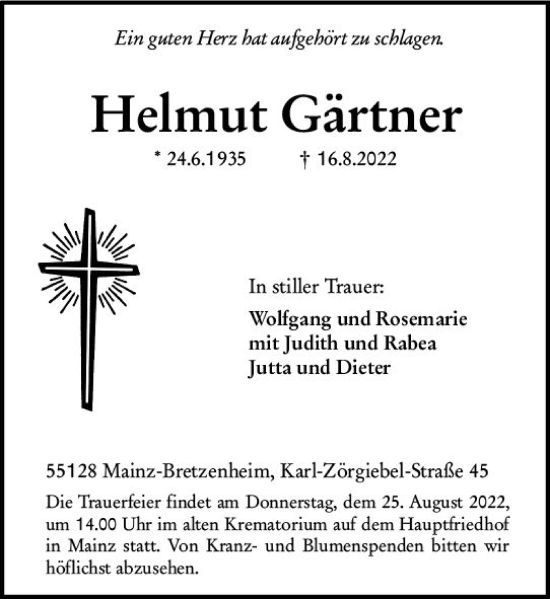 Traueranzeige von Helmut Gärtner von vrm-trauer AZ Mainz
