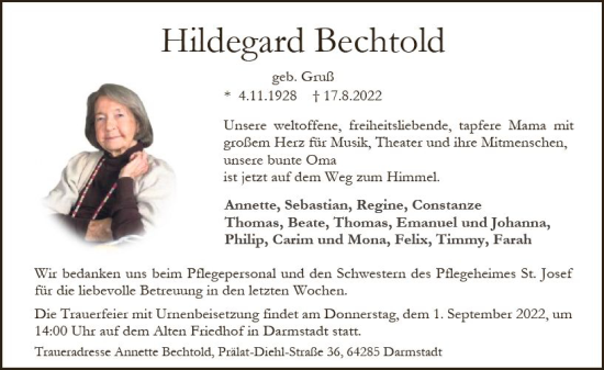 Traueranzeige von Hildegard Bechtold von vrm-trauer Darmstädter Echo