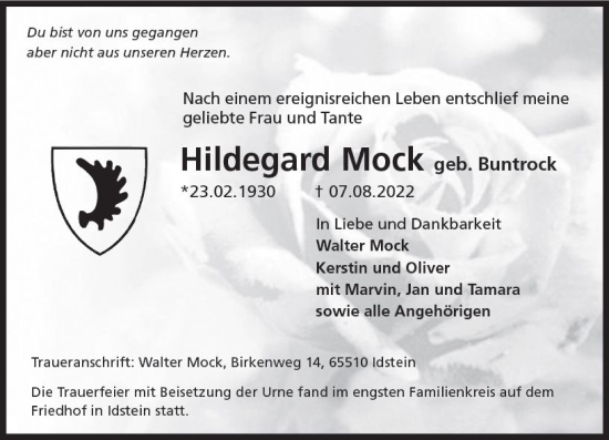 Traueranzeige von Hildegard Mock von vrm-trauer Idsteiner Zeitung