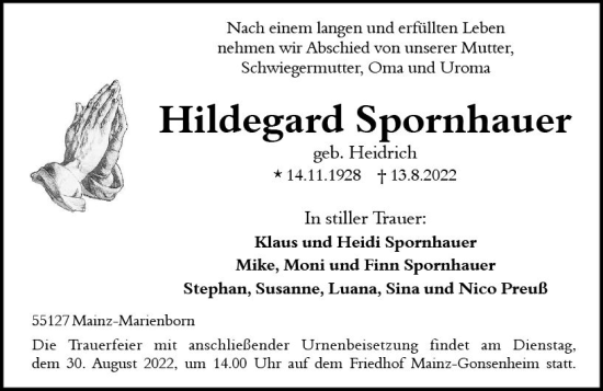 Traueranzeige von Hildegard Spornhauer von vrm-trauer AZ Mainz