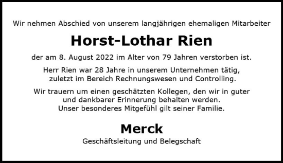 Traueranzeige von Horst-Lothar Rien von vrm-trauer Darmstädter Echo