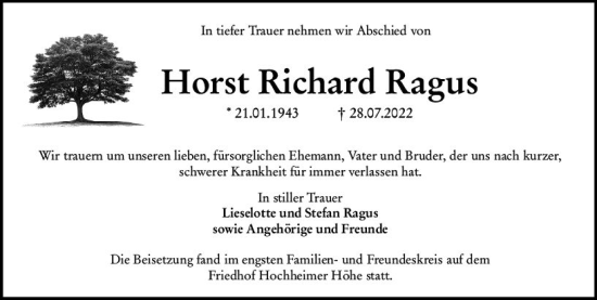 Traueranzeige von Horst Richard Ragus von vrm-trauer Wormser Zeitung