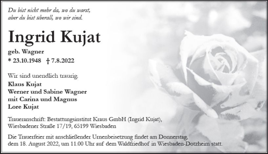 Traueranzeige von Ingrid Kujat von vrm-trauer Wiesbadener Kurier
