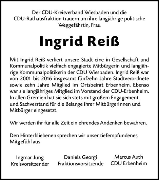 Traueranzeige von Ingrid Reiß von vrm-trauer Wiesbadener Kurier