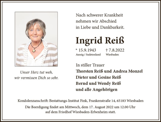 Traueranzeige von Ingrid Reiß von vrm-trauer Wiesbadener Kurier