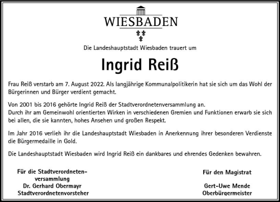 Traueranzeige von Ingrid Reiß von vrm-trauer Wiesbadener Kurier