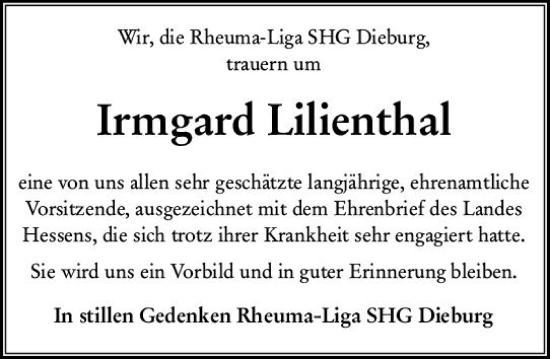 Traueranzeige von Irmgard Lilienthal von vrm-trauer DieburgerAnzeiger/Groß-Zimmerner Lokala
