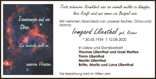 Traueranzeige von Irmgard Lilienthal von vrm-trauer Darmstädter Echo