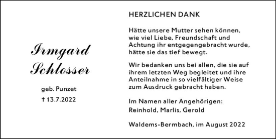 Traueranzeige von Irmgard Schlosser von vrm-trauer Idsteiner Zeitung