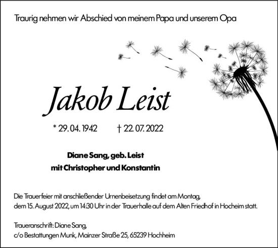 Traueranzeige von Jakob Leist von vrm-trauer AZ Mainz