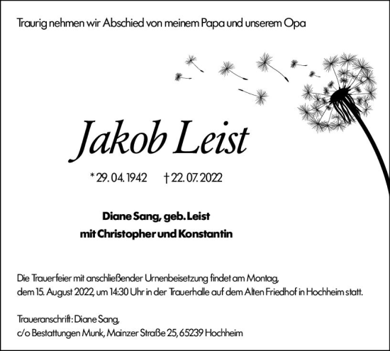Traueranzeige von Jakob Leist von vrm-trauer Hochheimer Zeitung