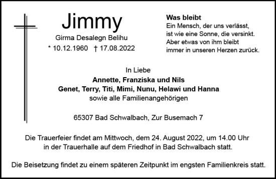 Traueranzeige von Jimmy Girma Desalegn Belihu von vrm-trauer WK-UTA