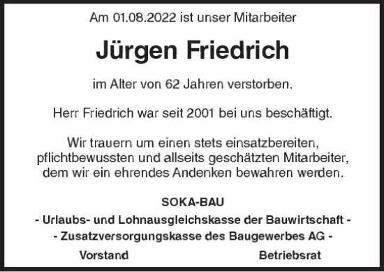 Traueranzeige von Jürgen Friedrich von vrm-trauer Wiesbadener Kurier