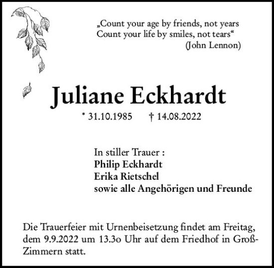 Traueranzeige von Juliane Eckhardt von vrm-trauer Darmstädter Echo