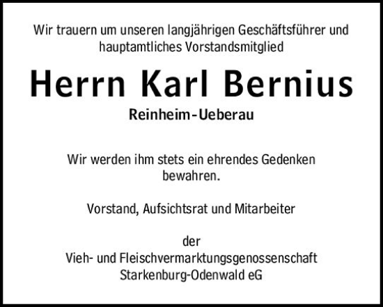 Traueranzeige von Karl Bernius von vrm-trauer Darmstädter Echo