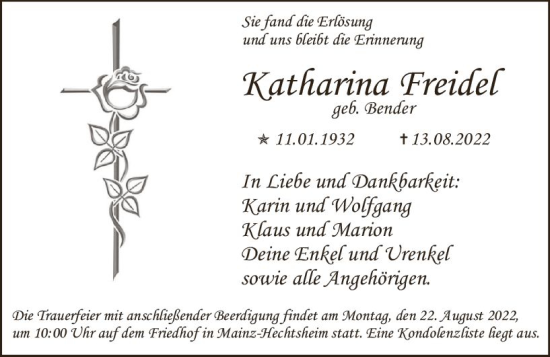 Traueranzeige von Katharina Freidel von vrm-trauer AZ Mainz