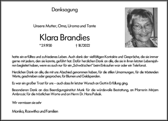 Traueranzeige von Klara Brandies von vrm-trauer Allgemeine  Zeitung Ingelheim-Bingen