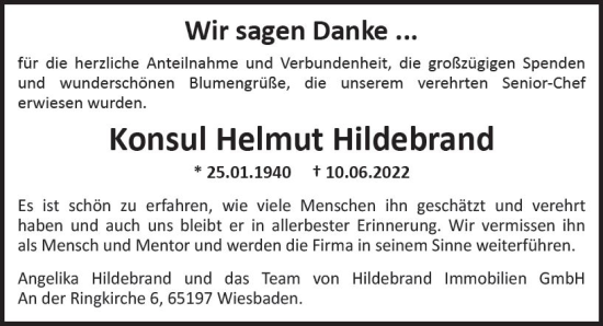 Traueranzeige von Konsul Helmut Hildebrand von vrm-trauer Wiesbadener Kurier
