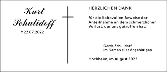 Traueranzeige von Kurt Schulidoff von vrm-trauer Hochheimer Zeitung