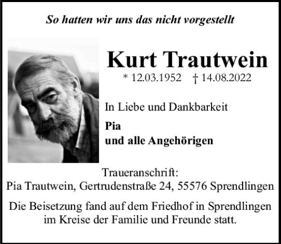 Traueranzeige von Kurt Trautwein von vrm-trauer Allgemeine  Zeitung Ingelheim-Bingen