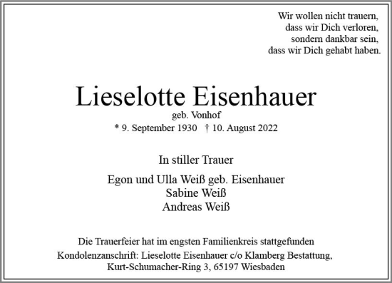 Traueranzeige von Lieselotte Eisenhauer von vrm-trauer Wiesbadener Kurier