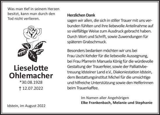 Traueranzeige von Lieselotte Ohlemacher von vrm-trauer Idsteiner Zeitung