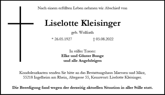Traueranzeige von Liselotte Kleisinger von vrm-trauer Allgemeine  Zeitung Ingelheim-Bingen
