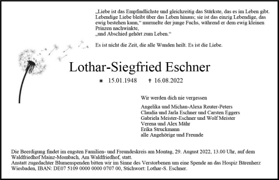 Traueranzeige von Lothar-Siegfried Eschner von vrm-trauer AZ Mainz