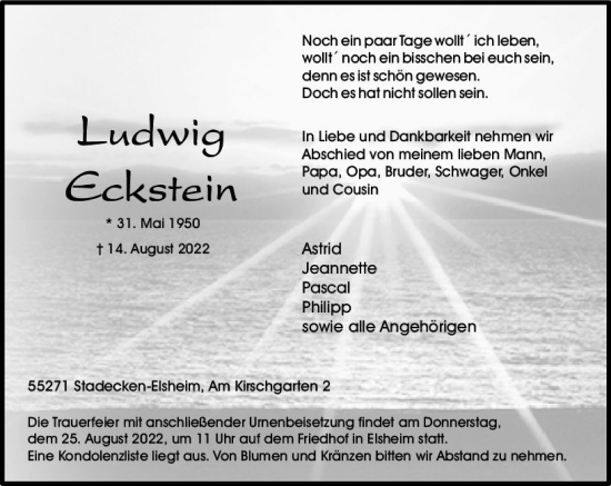 Traueranzeige von Ludwig Eckstein von vrm-trauer Allgemeine  Zeitung Ingelheim-Bingen