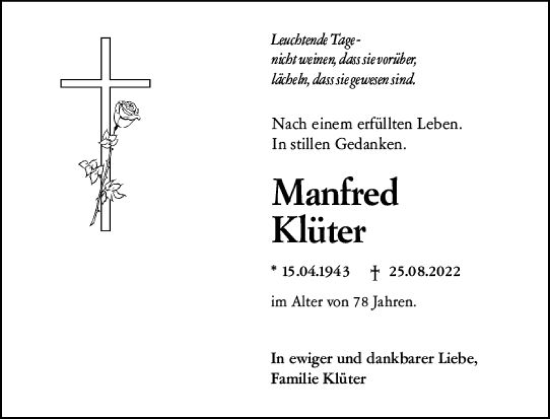 Traueranzeige von Manfred Klüter von vrm-trauer Wiesbadener Kurier