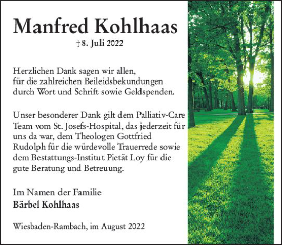 Traueranzeige von Manfred Kohlhaas von vrm-trauer Wiesbadener Kurier
